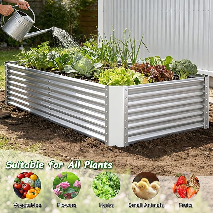 Galvanized Raised Garden Bed Kit Outdoor Patio,6x3x2ft Large Rectangular Metal Planter Boxes,Deep Root Box Planter for Gardening, Vegetables, Flowers, Herbs, 1 Pack, Silver