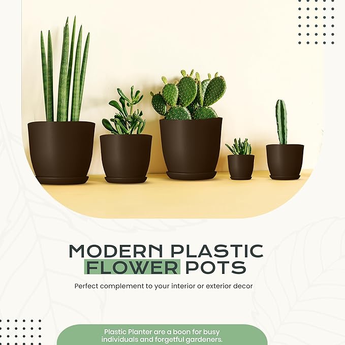 Utopia Home - Plant Pots Indoor with Drainage - 7/6.6/6/5.3/4.8 Inches Home Decor Flower Pots - Pack of 10 Plastic Planters for Indoor Plants, Cactus, Succulents Pot - Brown