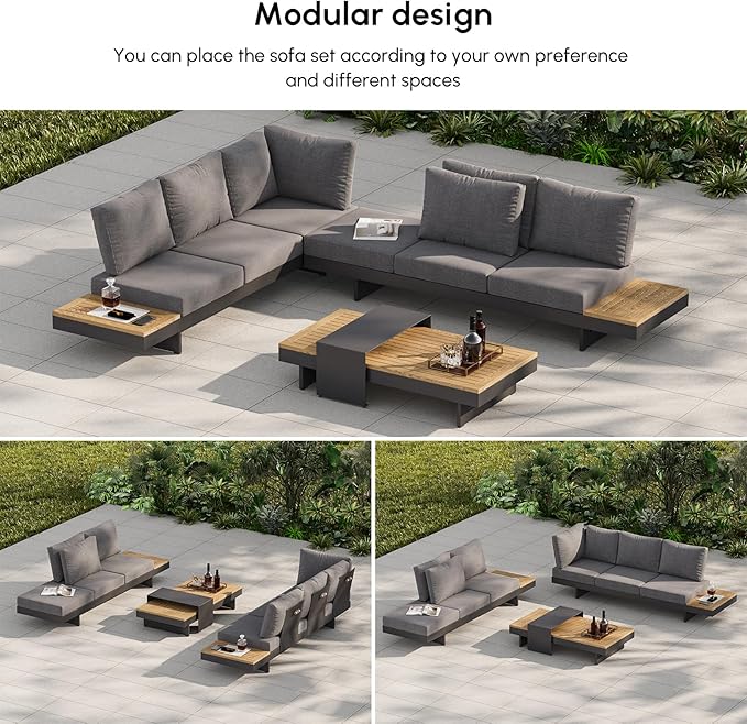 homary 6-Piece Modular Outdoor Sofa Set, Aluminum & Teak Patio Conversation Set with Waterproof Covers, Adjustable Backrests, Fade-Resistant Cushions for Patio or Balcony