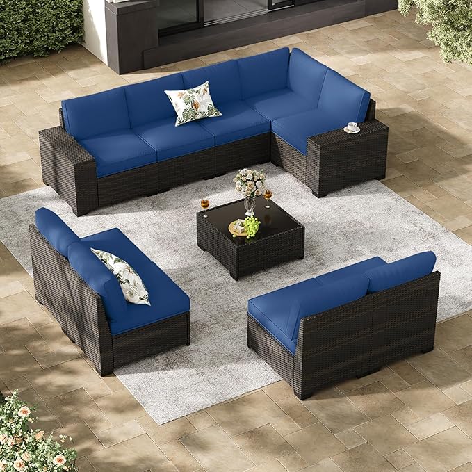 Jing's Villa 10-Piece Patio Furniture Set, All-Weather Outdoor Wicker Sectional Sofa with Cushions, Glass Table & Left and Right Armrest, Rattan Conversation Seating for Porch, Garden, Backyard,Navy