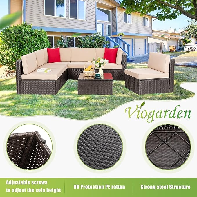 Vongrasig 7 Pieces Patio Furniture Sets, Outdoor Patio Conversation Set PE Rattan Wicker Sectional Sofa Couch with Glass Coffee Table for Garden, Poolside, Backyard, Beige