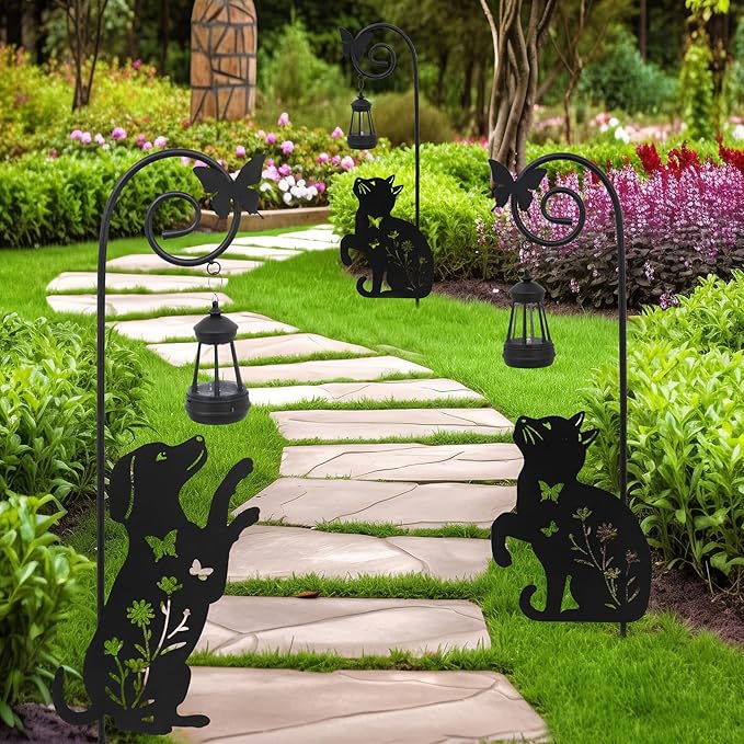 Solar Dog and Cat Lantern Garden Stakes - Outdoor Decorative Solar Lights for Yard, Patio, Pathway - Weatherproof Metal Pet Stake with Auto Night Lighting