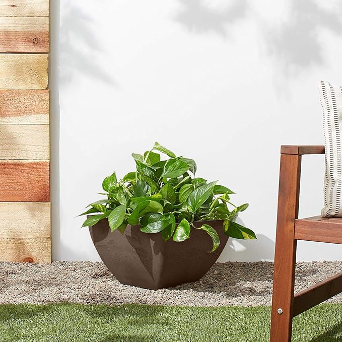 PSW Pot Collection 12x6 inch Plastic/Stone/Wood Composite Square Planter – No Drainage Hole (Drillable), Modern Indoor/Outer Pot for Flowers, Foliage, Succulents, Fairy Gardens, Chocolate