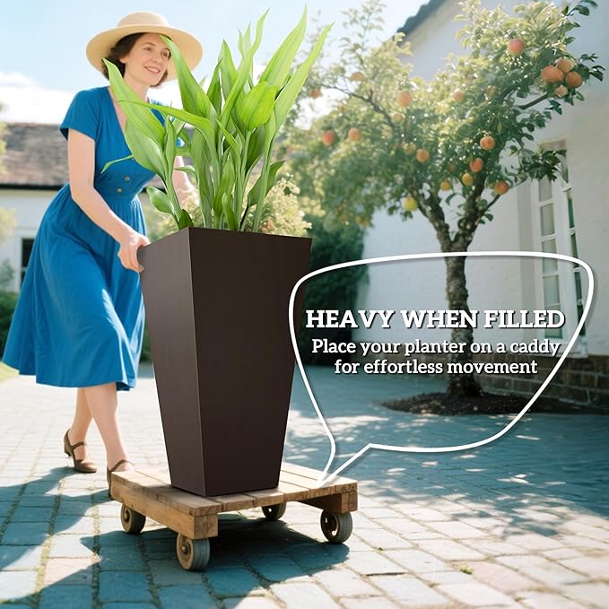 Outsunny Tall Planters for Outdoor Plants Set of 3, 28 in Taper Planters with Drainage Holes, Indoor Grande Plant Pots, Front Porch Decor, Brown