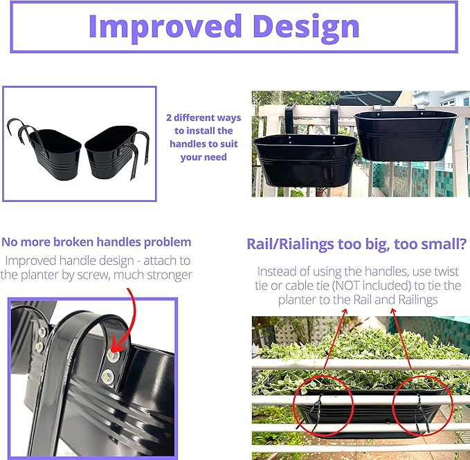 LaLaGreen Rail Planter Outdoor Plants(11.8 Inch, 8 Pack) Black Metal Iron Hanging Flower Pots Deck Railings Fence Buckets Modern Countryside Boho Style Wall Mount Window Box Plant Holder Porch Decor