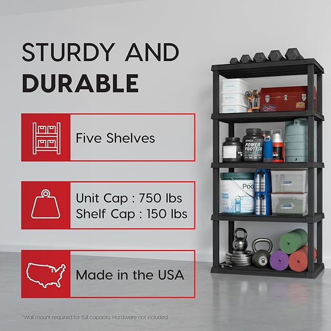 IRIS USA 5-Shelf Heavy Duty Plastic Storage Shelves, 750lb Capacity, 73" H x 36" W x 18" D, Large Modular Shelving Unit Storage Organizer for Garage, Home, Warehouse & Gym, Storage Rack - Black