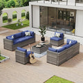 Aoxun 10 Piece Patio Furniture Set Wicker Rattan Patio Conversation Set Outdoor Sectional Sofa Set with Coffee Table and Thickened Cushions, Gray/Blue (Waterproof Cover Included)