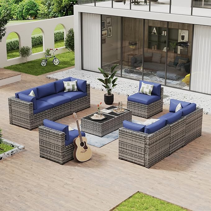Aoxun 10 Piece Patio Furniture Set Wicker Rattan Patio Conversation Set Outdoor Sectional Sofa Set with Coffee Table and Thickened Cushions, Gray/Blue (Waterproof Cover Included)