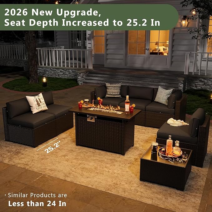 Aoxun 8 Piece Patio Furniture Set with 44” Fire Pit Table, Wicker Rattan Patio Sectional Sofa, Outdoor Furniture Set with Thickened Cushion, Black
