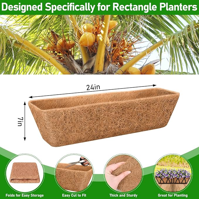 Riare 4 Pack 24 Inch Rectangle Coconut Liners for Planters, Natural Coconut Fiber Planter Liners, Window Box Liner Trough Coco Liner for Outdoor Flower, Garden Wall, Deck & Fence Planter Boxes