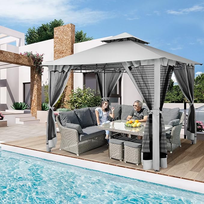 COBIZI Gazebo 10x10 Heavy Duty Gazebos with Improved Nettings Outdoor Gazebo Double Roof Patio Gazebos with Metal Steel Frame Outdoor Canopy for Patio, Deck, Backyard (Gray)