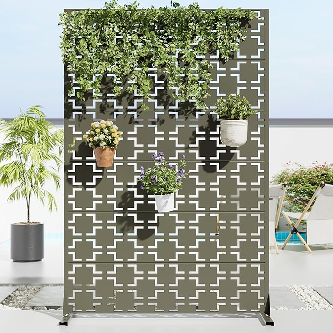 Casaphoria Metal Privacy Screen Outdoor, 72" H x 47" W Freestanding Decorative Privacy Screen for Patio Deck Balcony Garden with Stable Base, Grey-Square