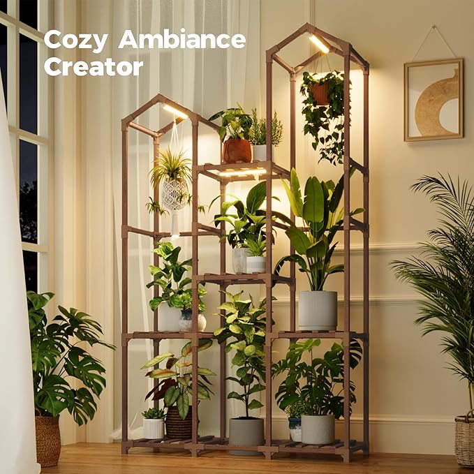 Bamworld Plant Stand with Grow Light Corner Plant Shelf Indoor with Lights Tall Plant Holder for Living Room Warm Light Plant Container Accessories for Mutiple Pots Patio Boho Home Decor for Gardening