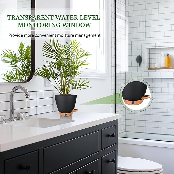 6 Inch Self Watering Pots for Indoor Plants (5-Pack) – Small Plastic Planters with Water Window, Drainage Holes & Trays, Indoor Outdoor Flower Pots for Herbs, Succulents, Home Garden Decor (Black)