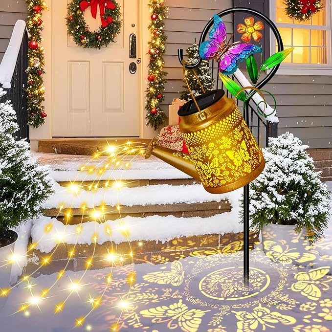 Solar Watering Can Lights Outdoor Garden Decor, Large Butterfly Hanging Lantern with Shepherd Hook, Waterproof Garden Lights for Outdoor Landscape Pathway Yard, Gift for Mom Grandma Christmas Gifts