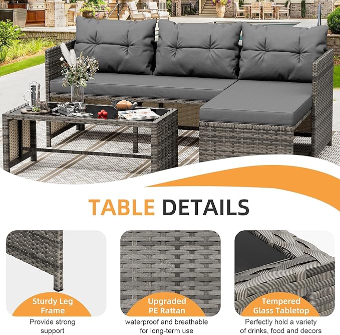 Shintenchi 3-Piece Outdoor Patio Furniture Sets, Wicker Patio Conversation Sets, All Weather Wicker Rattan Patio Seating Sofas with Glass Coffee Table and Cushion, Gray