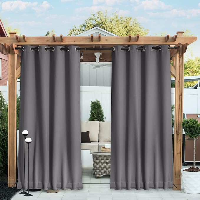 NICETOWN 2 Panels Blackout Weighted Outdoor Curtains for Patio Waterproof, Grommet & Back Tab on Top & Bottom Keep Privacy Light & Sound Block for Porch with Bonus Rope for Fixed, Grey, W52 x L72