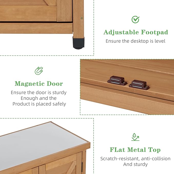 Outdoor Potting Bench with Storage Cabinet and Metal Top, Wood Workstation for Outdoor Patio, Garden (Light Brown, 31x17x36‘’)