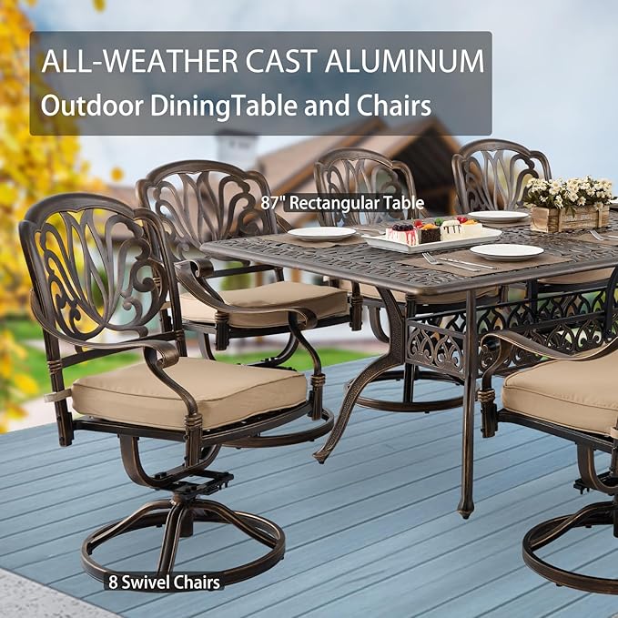 9-Piece Cast Aluminum Patio Furniture, Outdoor Dining Sets for 8 Include 87" Rectangular Patio Dining Table and 8 Swivel Chairs with Cushions & Umbrella Hole(Bronze)