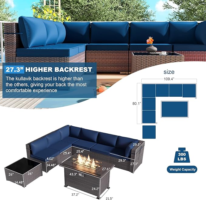 Kullavik 8 Pieces Outdoor Patio Furniture Set with 43" 55000BTU Gas Propane Fire Pit Table PE Wicker Rattan Sectional Sofa Patio Conversation Sets,Navy Blue