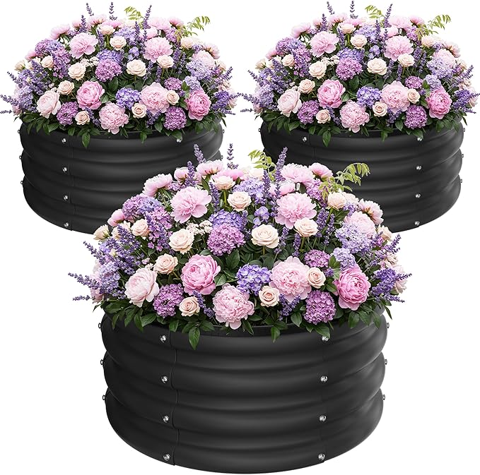 ZXZYHFTY Round Galvanized Raised Garden Bed kit,Black Outdoor Garden Raised Planter Box, Round Large Metal Raised Garden Beds for Vegetable 2 * 2 * 1ft 3 Pcs