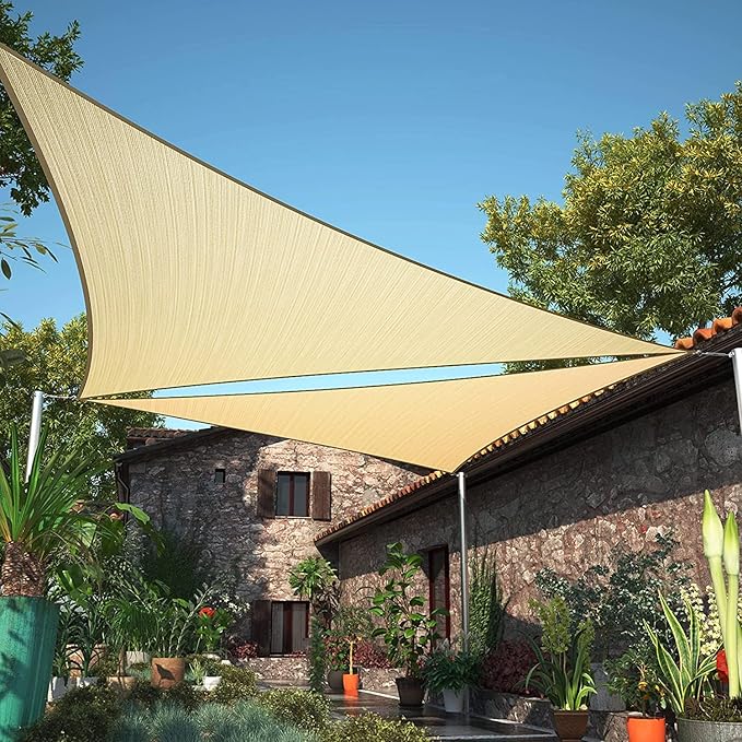 ShadeMart 10' x 10' x 10' Beige Sun Shade Sail Triangle Canopy Fabric Cloth Screen, Water Permeable & UV Resistant, Heavy Duty, Carport Patio Outdoor - (We Customize Size)