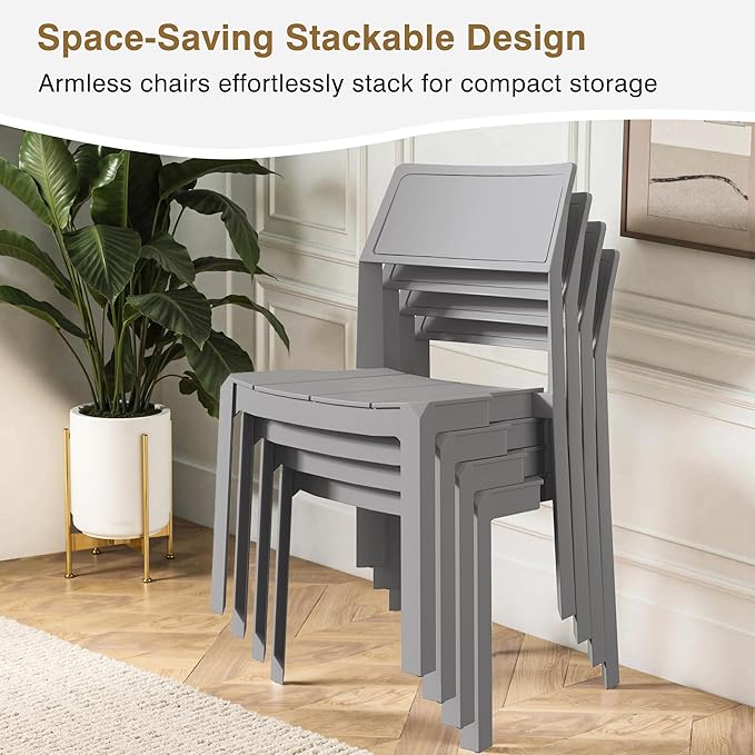 VECELO 4 Pack Stackable Dining Chairs, Plastic Patio Chairs for Indoor Outdoor Use in Kitchen, Poolside, No Assembly, Gray