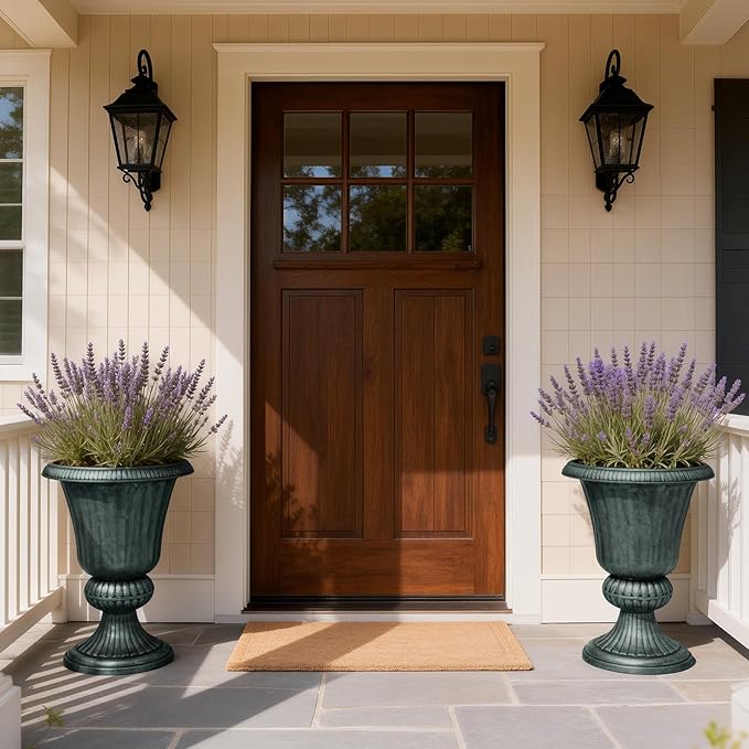 Athena Collection 20''H Garden Plastic Urn Vintage Tall Planter Urn Patio Large Flower Pot Porch Planter Large Planter for Indoor Outdoor Plant, Dark Green