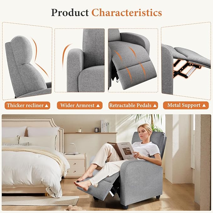 Sweetcrispy Recliner Chair Fabric Recliner Sofa No Massage, Home Theater Seating with Lumbar Support, Adjustable Push Back Overstuffed High-Density Sponge Reclining for Living Room, Slate Gray