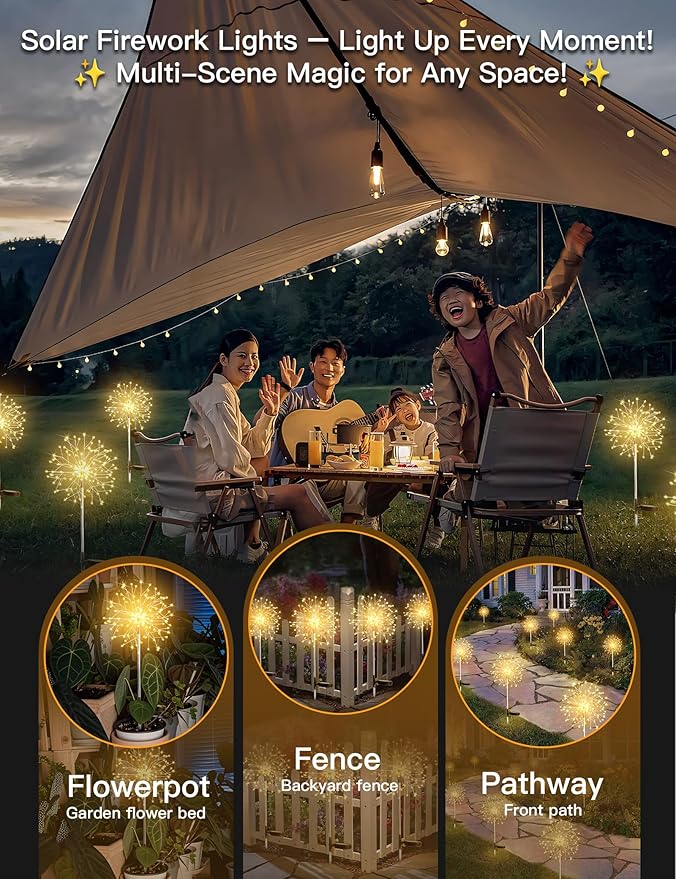 suddus Solar Garden Lights Outdoor Waterproof Decorative, 4Pack 150LED Firework Lights, Solar Fairy Lights for Yard, Garden, Party, Patio, Pathway, Flowerbed, Wedding - Warm White
