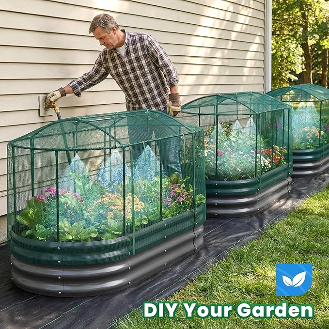 Quictent Galvanized Raised Garden Bed Kit with Self Watering System and Mesh Cover, Large Oval Metal Outdoor Planter Garden Boxes for Vegetables Herbs Flowers, 6x3x1Ft