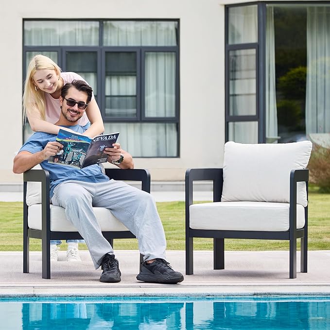 Outdoor Furniture Set, 2Pcs Patio Armchairs, Metal Modern Outside Furniture with 6'' Thick Cushions, Outdoor Conversation Set Balcony Chairs for Backyard, Porch,Deck, White
