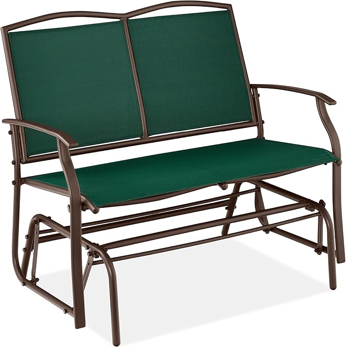 Best Choice Products 2-Person Outdoor Patio Swing Glider Steel Bench Loveseat Rocker for Deck, Porch w/Textilene Fabric, Steel Frame - Forest Green/Brown