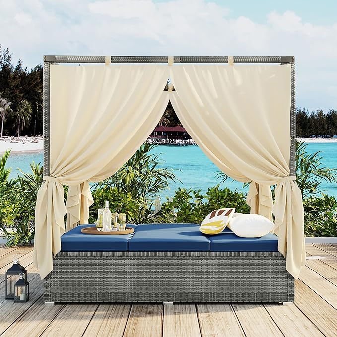 Patio Chaise Lounge, Gray PE Rattan Outdoor Patio Wicker Sunbed Daybed with Adjustable Seats, Four-sided Canopy, Overhead Curtain and Blue Cushions for Backyard, Garden, Poolside (for 2-6 people)