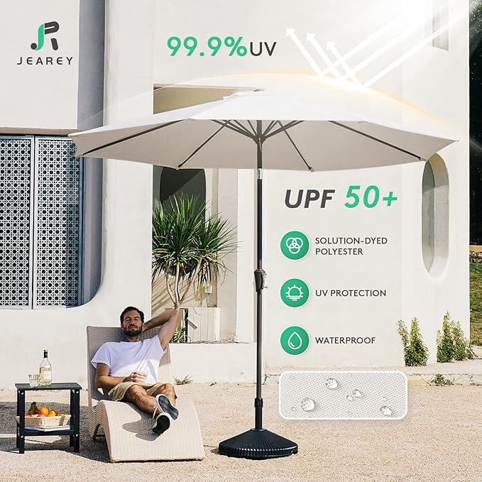 JEAREY 9FT Outdoor Patio Umbrella Outdoor Table Umbrella with Push Button Tilt and Crank, Market Umbrella 8 Sturdy Ribs UV Protection Waterproof for Garden, Deck, Backyard, Pool (Creamy-white)