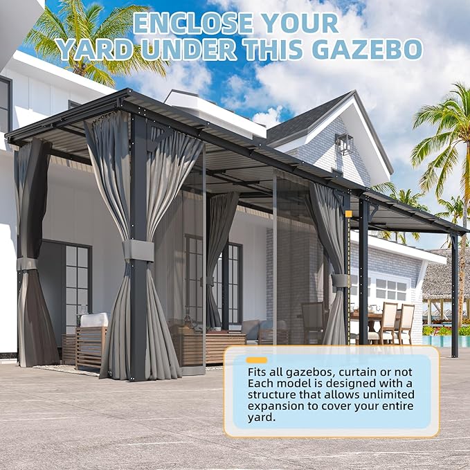 AECOJOY 10' X 8' Gazebo for Patio, Small Wall-Mounted Lean to Gazebo Pergola with Curtains and Netting, 8x10 Hard Top Pergolas and Gazebos on Clearance for Lawn Backyard Garden Deck