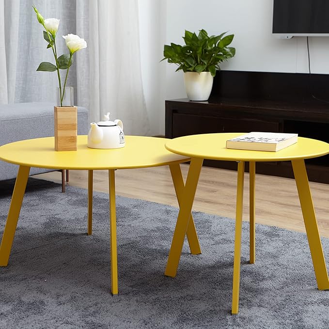Grand patio Round Patio Coffee Table 2PC Weather Resistant Nesting Tables Including One Large Side Table and One Small End Table, Yellow