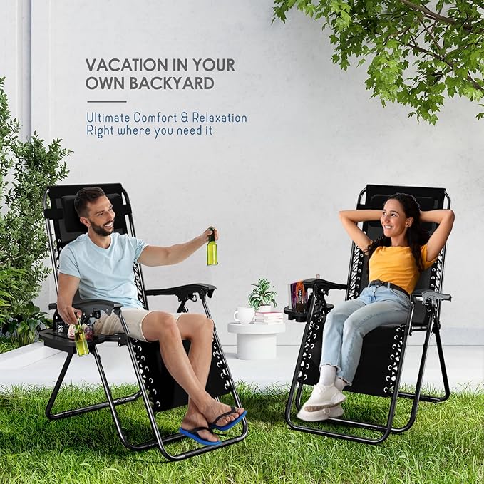 Nestl Zero Gravity Chairs Set of 4, Patio Lounge Chair Outdoor with Pillows & Cup Holder Trays, Adjustable Steel Mesh Reclining Camping Chair, Folding Patio Lawn Chair for Deck, Beach, Yard - Black
