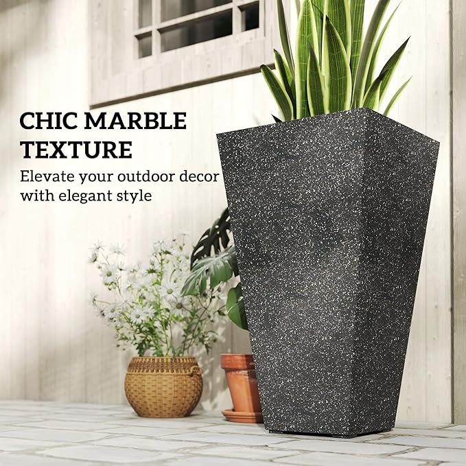 Outsunny 28 Inch Tall Planters for Outdoor Plants, Set of 3 Plastic Flower Pots with Marble Finish and Drainage Holes, Stackable Tapered Large Planters for Indoor Plants, Front Porch Decor, Black