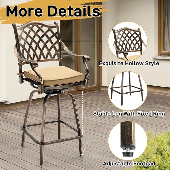 VINGLI Outdoor Swivel Bar Stools Set of 2, Cast Aluminum All-Weather Patio Bar Height Chairs, Patio Bar Dining Chairs Outdoor Swivel Patio Furniture (Grid Back)