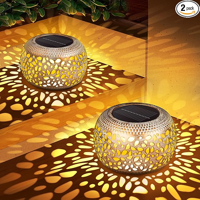 Solar Lanterns Outdoor Waterproof: 2 Pack White Gold Hollow Out Metal Solar Lights - 2 Lighting Colors Outside Patio Garden Yard Porch Tabletop Decorations - Unique Gifts for Women Mom Wife