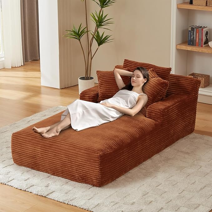 80 Inch Chaise Lounge Chair Indoor, Oversized Corduroy Upholstered Boneless Sofa Bed, Deep Seat Sleeper Couch Reading Chairs, Cloud Sofas Couches for Living Room, No Assembly Required (Brown)