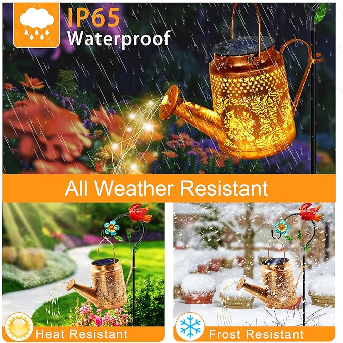 Solar Lights Outdoor Garden Decor, Cardinals Hanging Waterproof Watering Can Lights Outside Decorations for Yard Front Porch Patio Christmas Gift for Mom Grandma Women Birthday （with Shepherd Hook）