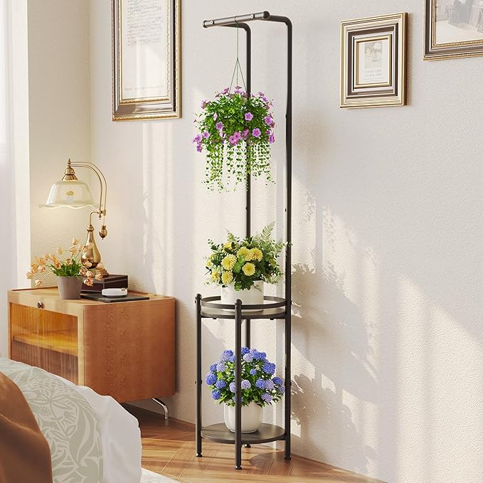 Plant Stand Indoor Outdoor - Heavy Duty Metal 2-tier Hanging Plant Holder Space-Saving Iron Plant Stands Tall Plant Shelf for Living Room Garden Balcony（Black）