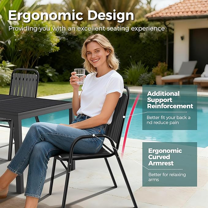 Pamapic Outdoor Dining Sets for 6, Rectangular Steel Slat Table with 6 Plastic Chairs, 7 Piece Patio Table and Chairs Set with Adjustable Umbrella Hole for Garden, Backyard, Poolside (Black)