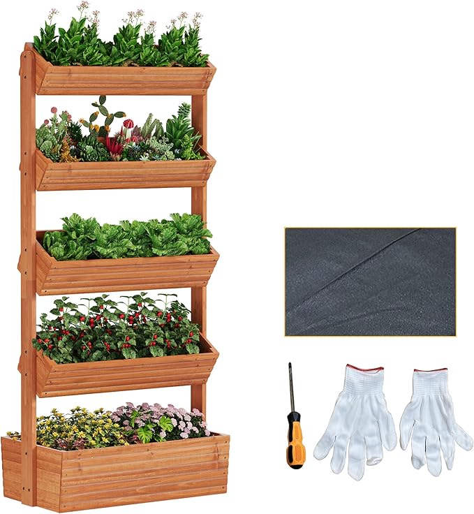 Vertical Wooden Raised Garden Bed Planters Wood Planter Kit Plant Stand Flower Rack Planter Box Gardening for Plants Herbs Flowers Vegetables Outdoor Indoor Freestanding (Orange 5-Tier)