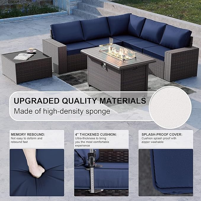 Kullavik 7 Pieces Outdoor Patio Furniture Set with 43" 55000BTU Gas Propane Fire Pit Table PE Wicker Rattan Sectional Sofa Patio Conversation Sets,Navy Blue