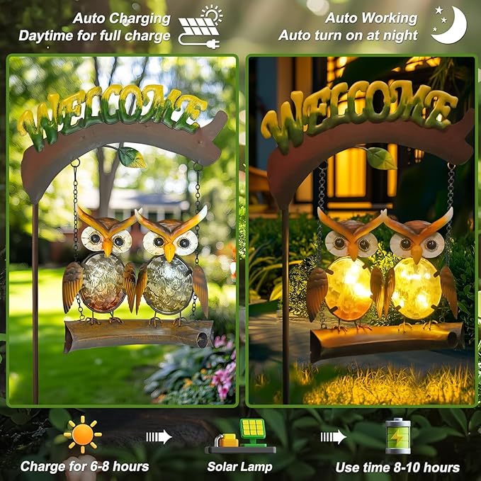 HONGLAND Solar Lights Outdoor Decor, Owl Swing Garden Decor, Owl Gifts for Women Mom, Whimsical Garden Lights Outdoor Decorations with Welcome Sign for Outside Patio Yard Lawn Decor-48inch