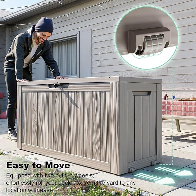 ROJIK Outdoor Storage Housing Deck Box - Waterproof Patio Furniture, Garden Tools, Cushions, Pool Accessories Storage Bench with Lockable Lid and Side Handles (Grey 76 Gal)