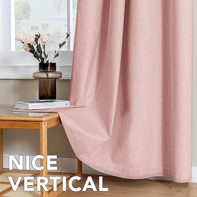 H.VERSAILTEX Linen Curtains 100% Blackout Curtains for Bedroom 54 inch Long Full Light Blocking Nature Linen Blended Window Curtains for Living Room Nickel Grommet (2 Panels, Heathered Baby Pink)